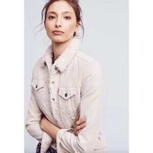 LEVI'S x ANTHRO 100% Cotton Corduroy Sherpa Lined Trucker Jacket Pebble Cream L
